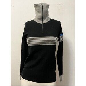 Vtg 80s Womens Mod Sweater S Stripe Preppy zipper nerd academic professor black